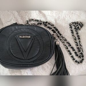 Valentino Black Leather Crossbody Bag with Chunky Heavy Silver Chain Strap